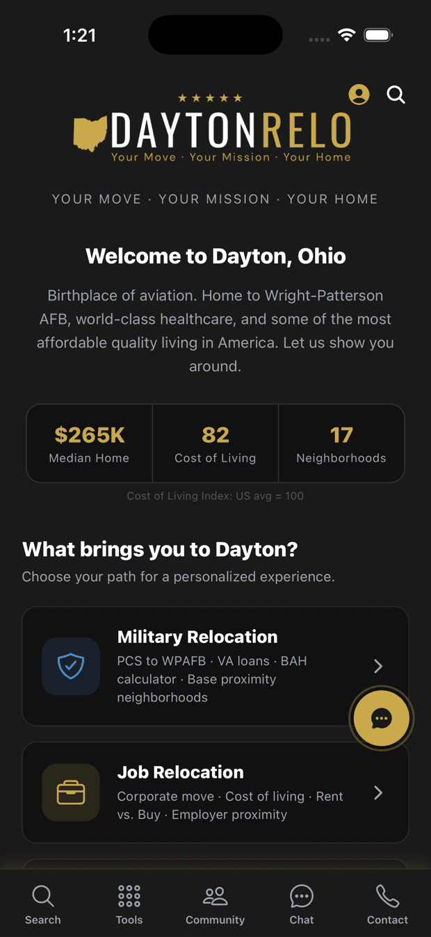 DaytonRelo app home screen