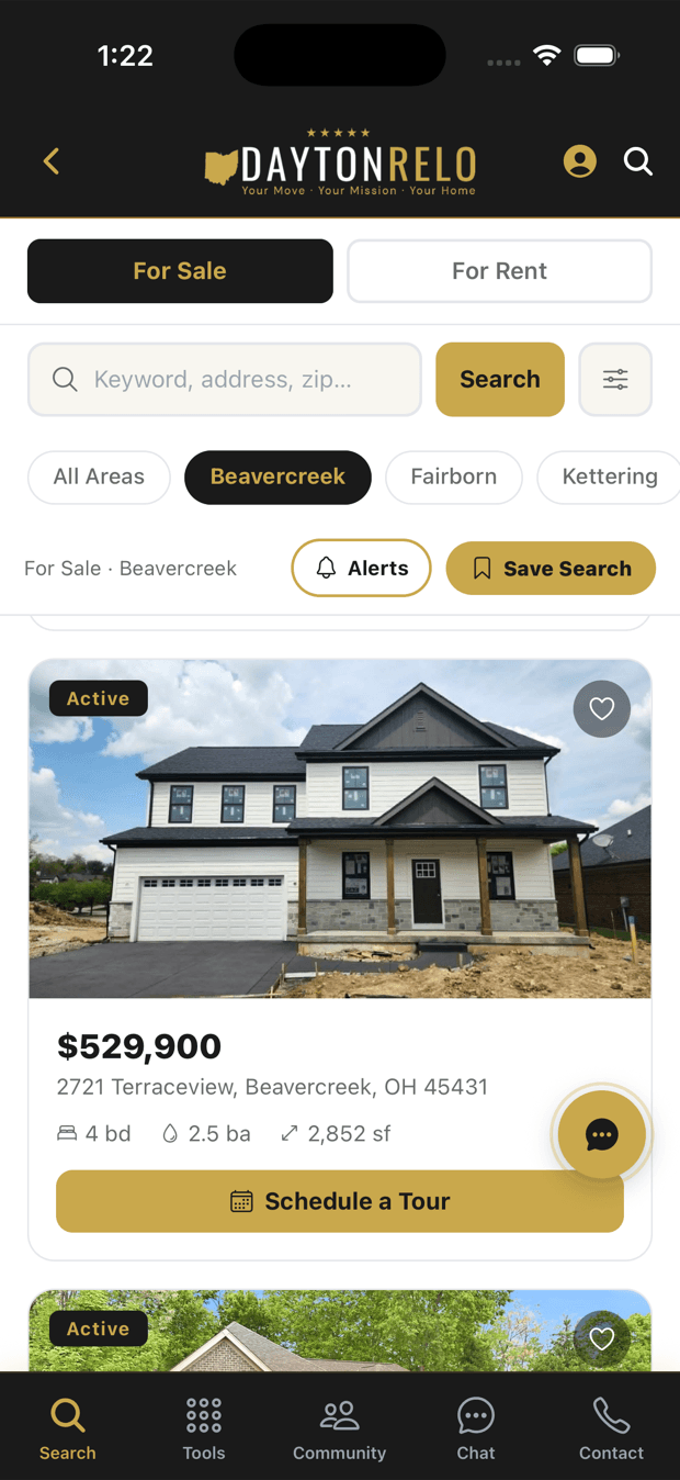 The LocalRelo app showing homes for sale